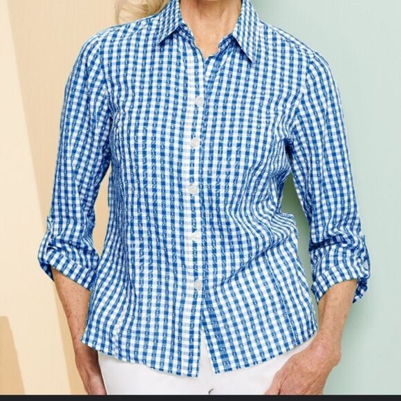 Drapers & Damon's women's blue and white gingham 3/4 sleeve shirt size large - Picture 1 of 8